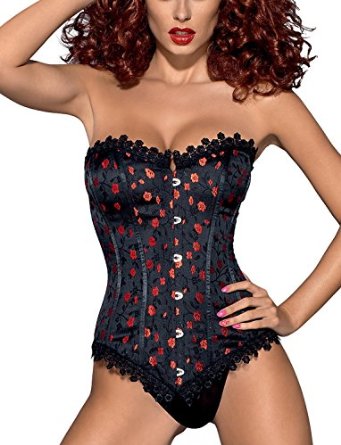 corset luxueux avec fleurs rouges et dentelle