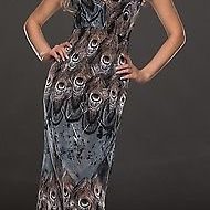 Robe longue grise imprime plumes de paon