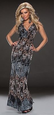 robe longue grise imprime plumes de paon