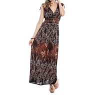 Robe longue marron imprime plumes de paon