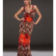 Robe longue orange imprime plumes de paon