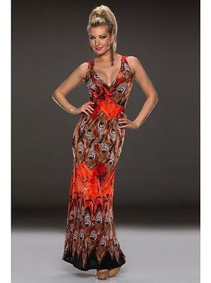 robe longue orange imprime plumes de paon
